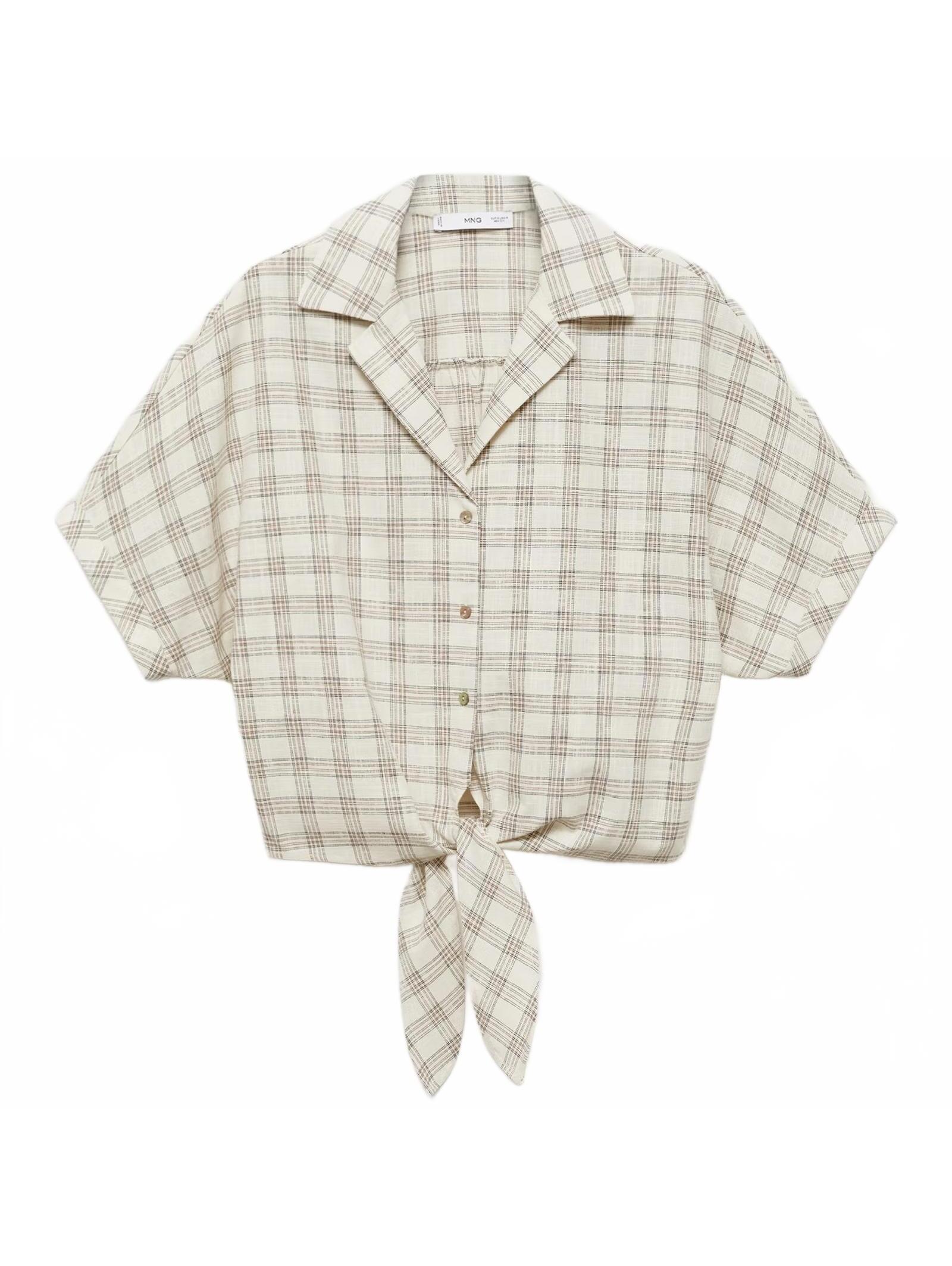 Mango Gingham Check Crop Shirt Top Ecru Beige Tan Nwt Size 4/Small